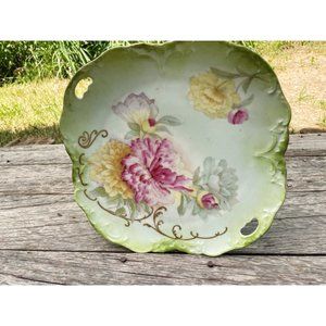 Antique Hand Painted Porcelain Floral Cake/serving Plate Slotted Handles